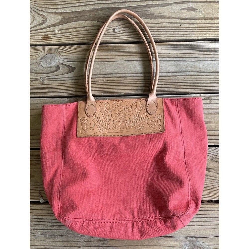 Lucky Brand Canvas Purse Leather Embossed Patch and Handles, Color: Salmon